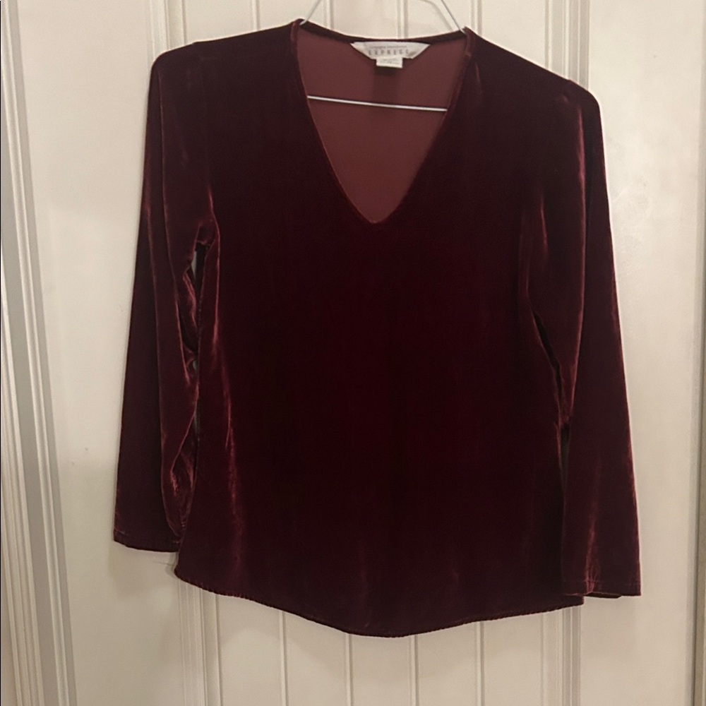 Express XS Velvet V-Neck Long Sleeve Top - Deep Red